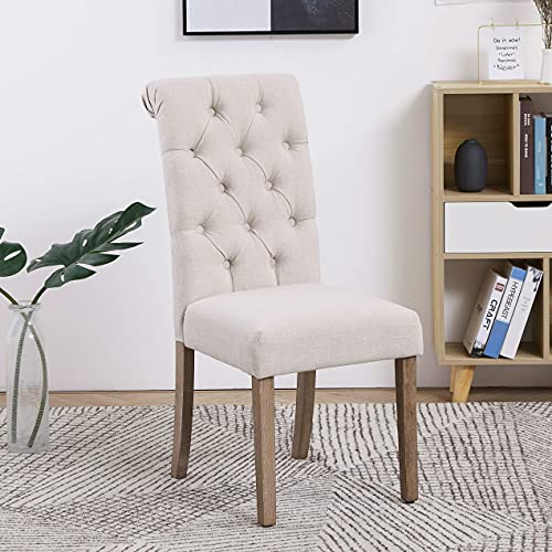 BTEXPERT BB5106-2 High Back Tufted Parsons Upholstered Padded Dining Room Chairs Side Wood Accent-Two Pack, Set of 2, Ivory Beige Linen Fabric