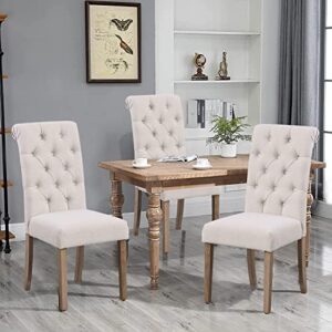 BTEXPERT BB5106-2 High Back Tufted Parsons Upholstered Padded Dining Room Chairs Side Wood Accent-Two Pack, Set of 2, Ivory Beige Linen Fabric