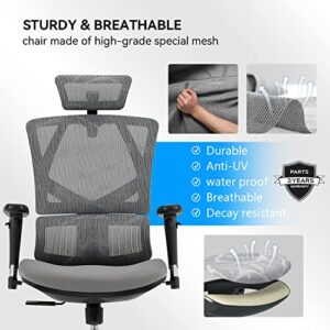 SIHOO Ergonomic Office Chair - High Back Desk Chair with Lumbar Support, 3D Armrest and Adjustable Height Backrest - Thick Seat Cushion Breathable Mesh Computer Chair (Gray)