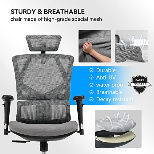 SIHOO Ergonomic Office Chair - High Back Desk Chair with Lumbar Support, 3D Armrest and Adjustable Height Backrest - Thick Seat Cushion Breathable Mesh Computer Chair (Gray)