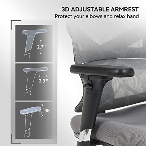 SIHOO Ergonomic Office Chair - High Back Desk Chair with Lumbar Support, 3D Armrest and Adjustable Height Backrest - Thick Seat Cushion Breathable Mesh Computer Chair (Gray)