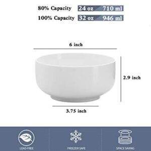 Kanwone Porcelain Bowl Set - 32 Ounce for Cereal, Salad and Soup, Microwave and Dishwasher Safe - Set of 6, White