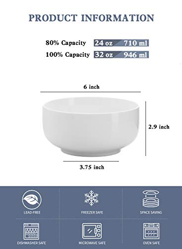 Kanwone Porcelain Bowl Set - 32 Ounce for Cereal, Salad and Soup, Microwave and Dishwasher Safe - Set of 6, White