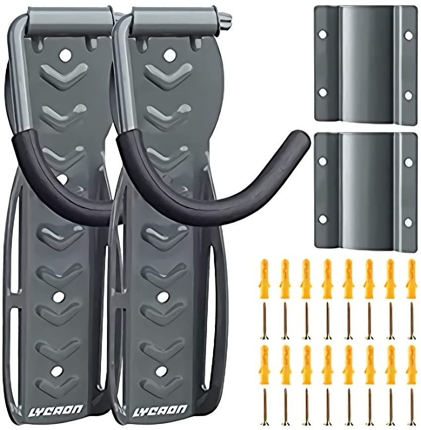 LYCAON Bike Rack for Garage (Ultimate Gray) Bicycle Wall Mount Hanger Hooks Indoor Vertical Storage System Holds up to 68lb with Tire Tray & Screws (2)