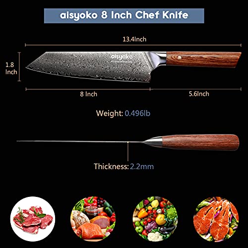 aisyoko Chef Knife 8 Inch Damascus Japan VG-10 Super Stainless Steel Professional High Carbon Super Sharp Kitchen Cooking Knife, Ergonomic Color Wooden Handle Luxury Gift Box