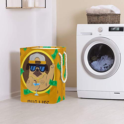 Inhomer Laundry Hamper Fun Pug Dog with Gangster Style Collapsible Laundry Baskets Firm Washing Bin Clothes Storage Organization for Bathroom Bedroom Dorm