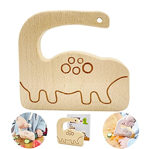 FYLFOTA Wooden Kids Knife for Cooking, Toddler Safe Knife for Cutting Vegetable Fruit, Cute Dinosaur Shape Kids Kitchen Tools- Kids Chef Knife with Original Wood, No Paint