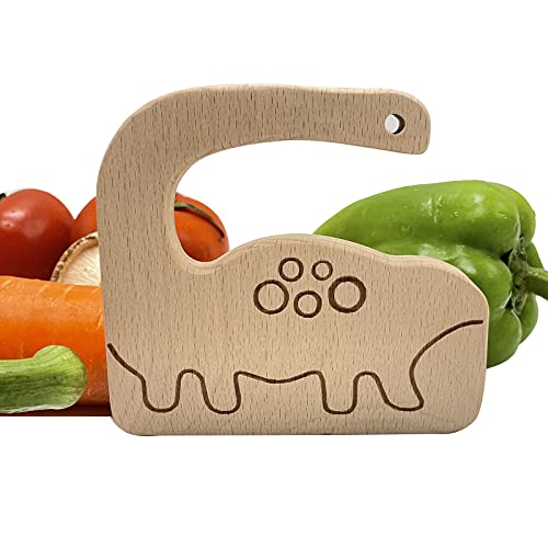 FYLFOTA Wooden Kids Knife for Cooking, Toddler Safe Knife for Cutting Vegetable Fruit, Cute Dinosaur Shape Kids Kitchen Tools- Kids Chef Knife with Original Wood, No Paint