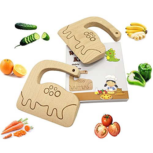 FYLFOTA Wooden Kids Knife for Cooking, Toddler Safe Knife for Cutting Vegetable Fruit, Cute Dinosaur Shape Kids Kitchen Tools- Kids Chef Knife with Original Wood, No Paint