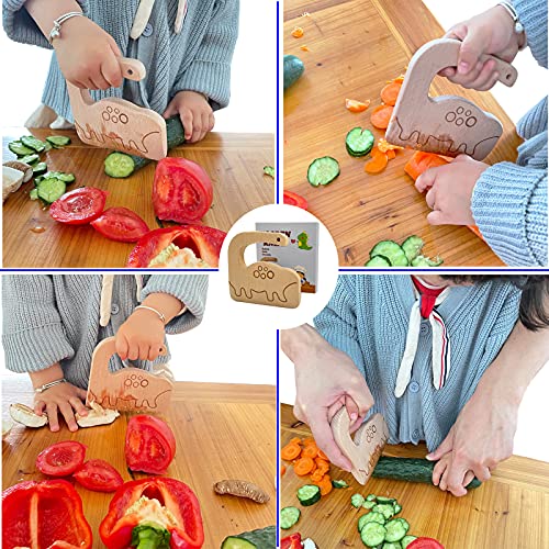 FYLFOTA Wooden Kids Knife for Cooking, Toddler Safe Knife for Cutting Vegetable Fruit, Cute Dinosaur Shape Kids Kitchen Tools- Kids Chef Knife with Original Wood, No Paint