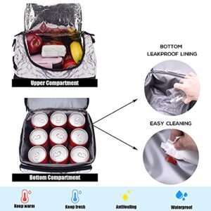 VENLING Insulated Lunch Bag for Men Women Expandable Dual Compartment Lunch Cooler Bag with Shoulder Strap Cooling Lunch Tote for Work Double Deck Lunch Box Leaproof Reusable Lunch Pail,Black Marble