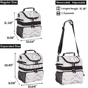 VENLING Insulated Lunch Bag for Men Women Expandable Dual Compartment Lunch Cooler Bag with Shoulder Strap Cooling Lunch Tote for Work Double Deck Lunch Box Leaproof Reusable Lunch Pail,Black Marble