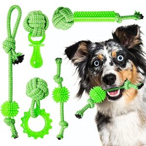sqbg puppy toys 5 pack for energetic puppy,durable puppy chew toys high density rubber and rope combined,puppy teething toys multiple fun play for release excess energy