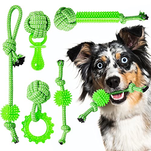 SQBG Puppy Toys 5 Pack for Energetic Puppy,Durable Puppy Chew Toys High Density Rubber and Rope Combined,Puppy Teething Toys Multiple Fun Play for Release Excess Energy