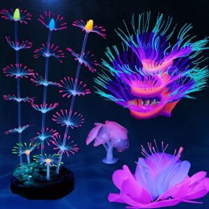 HIKTQIW 4 Pack Silicone Glowing Fish Tank Decorations Plants with Simulation Glowing Sucker Coral Sea Anemone Coral Fluorescence Lotus Leaf Coral for Aquarium Fish Tank Glow Ornaments