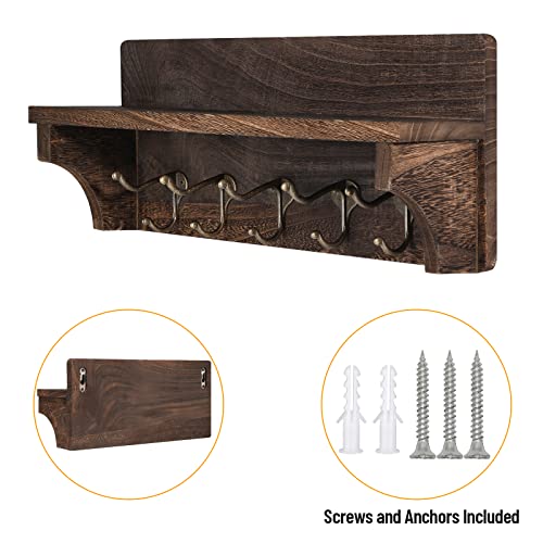 Rustic Coat Hooks with Shelf Wall Mounted, Wood Wall Hanging Entryway Shelf with 5 Dual Metal Hooks, Wall-Mounted Coat Rack for Your Entryway, Kitchen, Bathroom