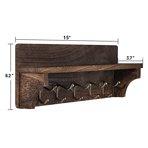 Rustic Coat Hooks with Shelf Wall Mounted, Wood Wall Hanging Entryway Shelf with 5 Dual Metal Hooks, Wall-Mounted Coat Rack for Your Entryway, Kitchen, Bathroom