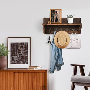 Rustic Coat Hooks with Shelf Wall Mounted, Wood Wall Hanging Entryway Shelf with 5 Dual Metal Hooks, Wall-Mounted Coat Rack for Your Entryway, Kitchen, Bathroom