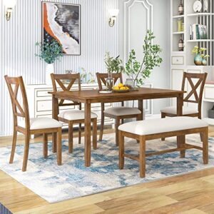 xd designs wooden rectangular dining table set, 6-piece kitchen dining table set with 4 upholstered chairs and 1 bench (brown-6pcs)