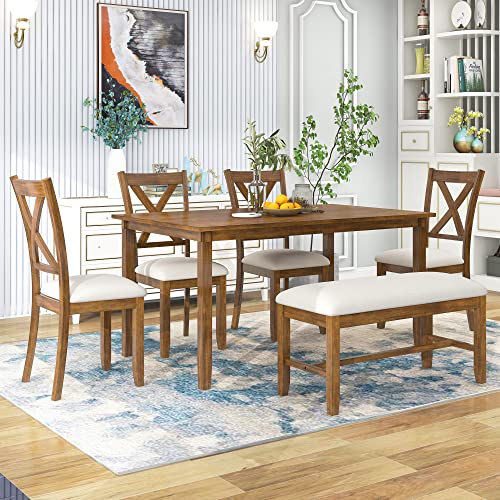 XD Designs Wooden Rectangular Dining Table Set, 6-Piece Kitchen Dining Table Set with 4 Upholstered Chairs and 1 Bench (Brown-6pcs)