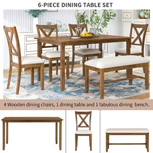 XD Designs Wooden Rectangular Dining Table Set, 6-Piece Kitchen Dining Table Set with 4 Upholstered Chairs and 1 Bench (Brown-6pcs)