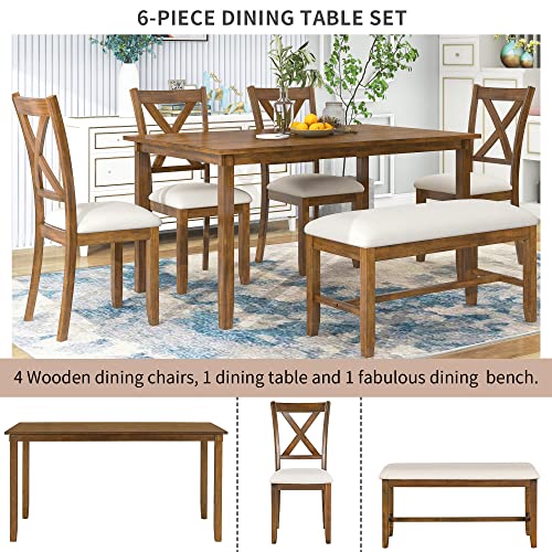 XD Designs Wooden Rectangular Dining Table Set, 6-Piece Kitchen Dining Table Set with 4 Upholstered Chairs and 1 Bench (Brown-6pcs)