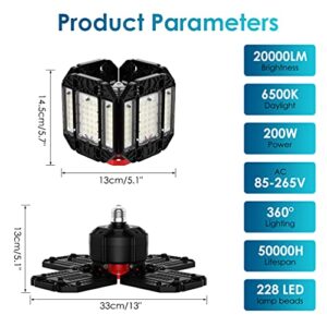 Rafow 200W LED Garage Lights 2 Pack - 20000LM 6500K Deformable Ceiling Lighting Fixture with 12 Adjustable Panels - E26/E27 Bay Light for Garage, Basement, Shop, Workshop, Warehouse