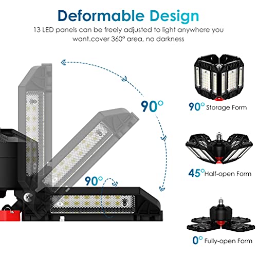 Rafow 200W LED Garage Lights 2 Pack - 20000LM 6500K Deformable Ceiling Lighting Fixture with 12 Adjustable Panels - E26/E27 Bay Light for Garage, Basement, Shop, Workshop, Warehouse