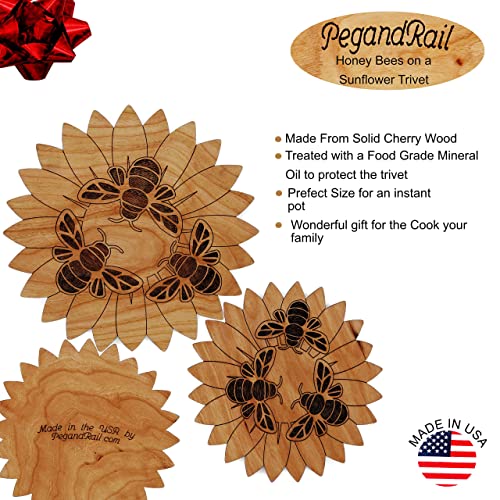 Honey Bees on a Flower Trivet- Hand Crafted in The USA From Solid Cherry Hardwood (6 Inch)