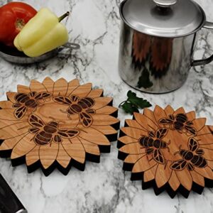 Honey Bees on a Flower Trivet- Hand Crafted in The USA From Solid Cherry Hardwood (6 Inch)