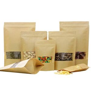 50pcs kraft stand up pouches, zip lock bags, with notch and matte window, 12x20 cm (4.7 x 7.8 inch)