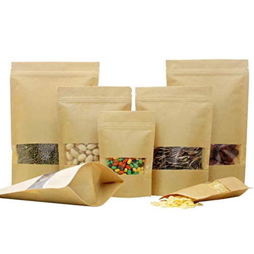 50pcs Kraft Stand Up Pouches, Zip Lock Bags, with Notch and Matte Window, 12x20 cm (4.7 x 7.8 Inch)