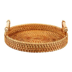 oryougo hand woven rattan serving tray decorative round rattan storage plate with handles rustic breakfast fruit snack coffee tea baskets, l