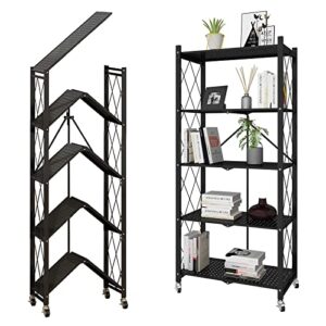 benoss foldable metal storage shelves with wheels, heavy-duty black wire rack folding storage rack no assembly, for garage kitchen pantry bedroom