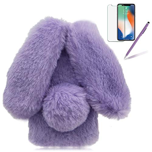 Bunny Case for Motorola One 5G Ace, Girlyard Cute Rabbit Ears Warm Fluffy Handmade Rabbit Fur Soft Plush Flexible TPU Silicone Bumper Phone Shell Furry Protective Cover for Women Girls - Purple