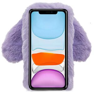 Bunny Case for Motorola One 5G Ace, Girlyard Cute Rabbit Ears Warm Fluffy Handmade Rabbit Fur Soft Plush Flexible TPU Silicone Bumper Phone Shell Furry Protective Cover for Women Girls - Purple