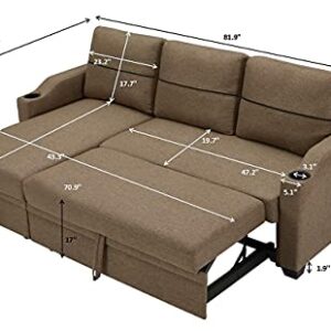 Melpomene Convertible Sectional Sofa Couch Pull Out Bed Sleeper Sofa with Storage 3 Seater L Shaped Couch Linen Upholstered Fabric Corner Sofa with 2 Cupholders for Living Room (Brown)