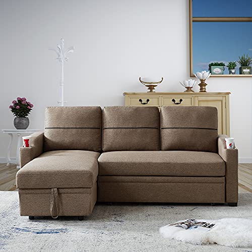 Melpomene Convertible Sectional Sofa Couch Pull Out Bed Sleeper Sofa with Storage 3 Seater L Shaped Couch Linen Upholstered Fabric Corner Sofa with 2 Cupholders for Living Room (Brown)