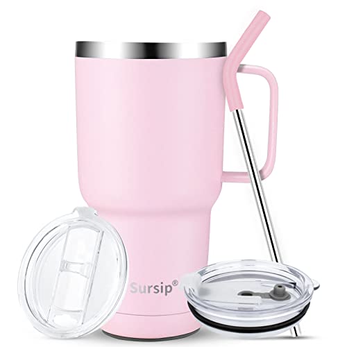 Sursip 30oz Insulated Mug/Tumbler With Lid and Straw,Stainless Steel Vacuum Tumbler,Keep Cold and Hot,BPA Free,Leak Proof,Dishwasher Safe,Car Holder,Gifts/Travel Mug/Coffee Tumbler(Pink-1Pack)