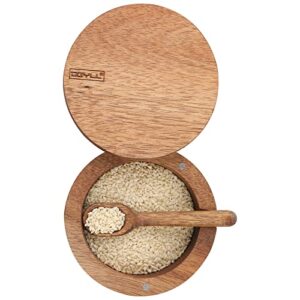 dgyll salt bowl, acacia wood salt cellar with lid and spoon, salt box with swiveling lid, salt container with lid,6oz