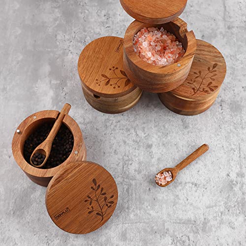 DGYLL Salt bowl, Acacia wood salt cellar with lid and spoon, salt box with swiveling lid, salt container with lid,6oz