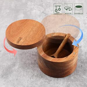 DGYLL Salt bowl, Acacia wood salt cellar with lid and spoon, salt box with swiveling lid, salt container with lid,6oz