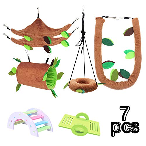 LZYMSZ 7PCS Hamster Hanging Warm Bed, Rat Hanging Bed House Forest Pattern Cage Toy Small Animals Cage Nest Accessories, Hamster Hammock Tunnel Swing Set for Parrot Ferret Squirrel Hamster Playing