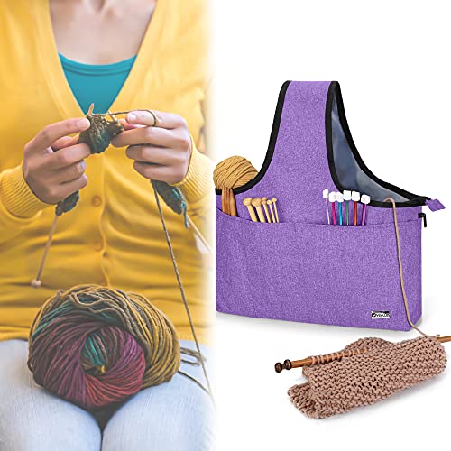 YARWO Yarn Storage Tote, Knitting Project Wrist Bag for Yarn Skeins, Knitting Needles, WIP Projects and Other Knitting Supplies, Purple (Bag Only)