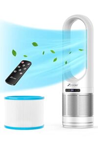 zicooler bladeless tower fan and air purifier, 80° oscillating fan for bedroom, 32 inch standing floor fans with hepa filter 99.97%, remote, quiet cooling fan for indoor home office room