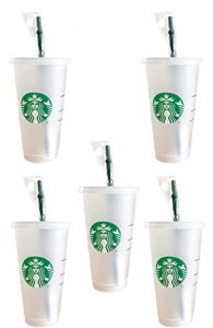 starbuck 5 pack bundle - reusable frosted 24 oz cold cup with lid and green straw w/stopper