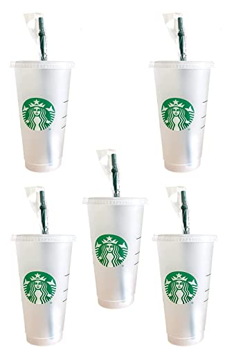 Starbuck 5 Pack Bundle - Reusable Frosted 24 oz Cold Cup with Lid and Green Straw w/Stopper