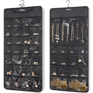 foregoer hanging jewelry organizer double sided 43 pockets large necklace earring accessory holder organizer(black)