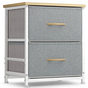 fezibo 2 drawers fabric dresser, nightstand for bedroom, small storage tower organizer unit for closet hallway entryway nursery room, steel frame, wood top, linen