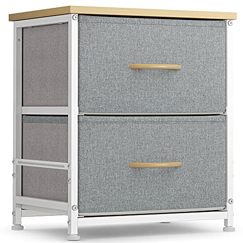 FEZIBO 2 Drawers Fabric Dresser, Nightstand for Bedroom, Small Storage Tower Organizer Unit for Closet Hallway Entryway Nursery Room, Steel Frame, Wood Top, Linen